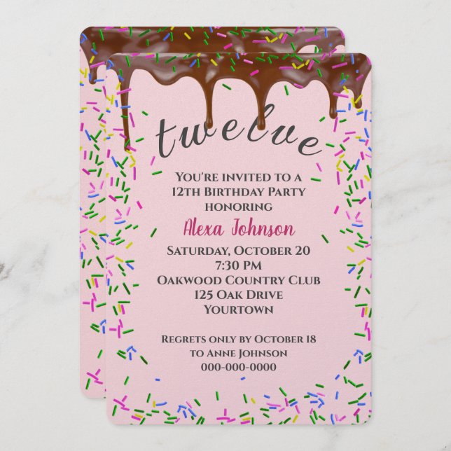 12th Birthday With Chocolate Icing And Sprinkles Invitation (Front/Back)
