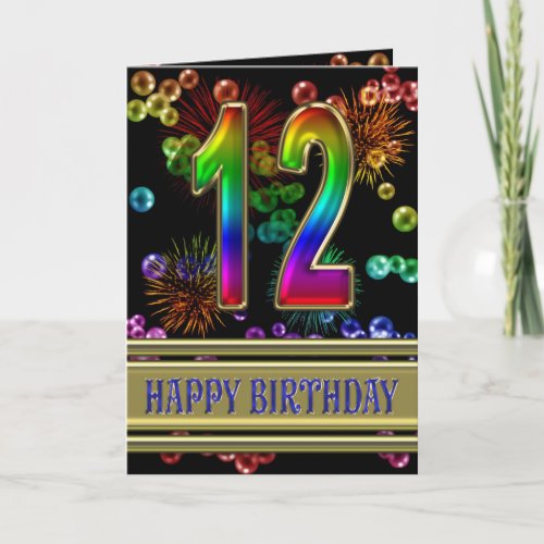 12th Birthday with rainbow bubbles and fireworks Card