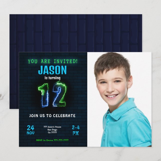 12th Boy Birthday Photo Invitation (Front/Back)