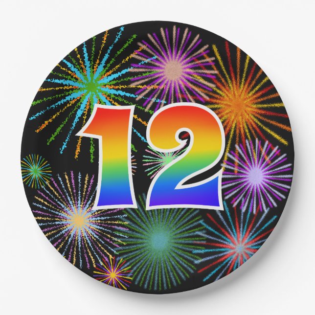 12th Event - Fun, Colorful, Bold, Rainbow 12 Paper Plates (Front)