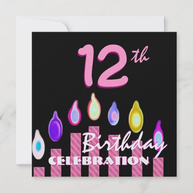 12th Girl Birthday Party Pink Striped Candles W685 Invitation (Front)