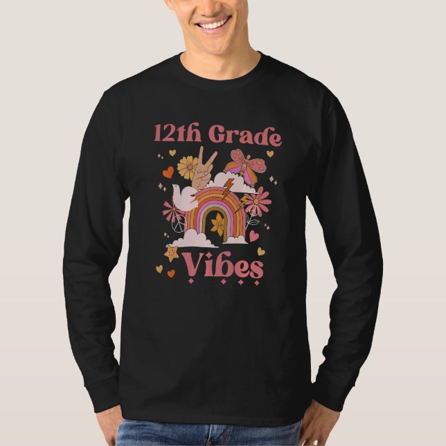 12th Grade Vibes School Groovy Retro Boho Rainbow  T-Shirt (Front)