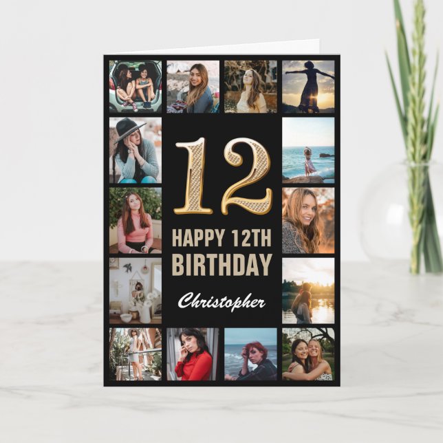 12th Happy Birthday Black and Gold Photo Collage Card (Front)