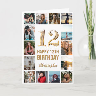 12th Happy Birthday Gold and White Photo Collage Card