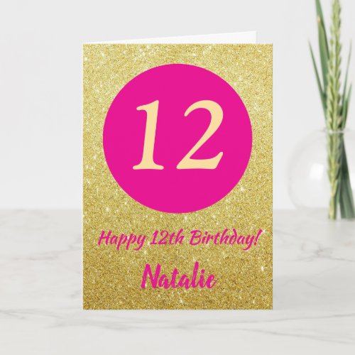 12th Happy Birthday Hot Pink and Gold Glitter Card