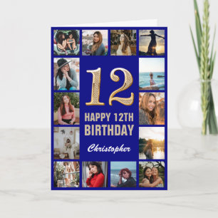 12th Happy Birthday Navy Blue & Gold Photo Collage Card