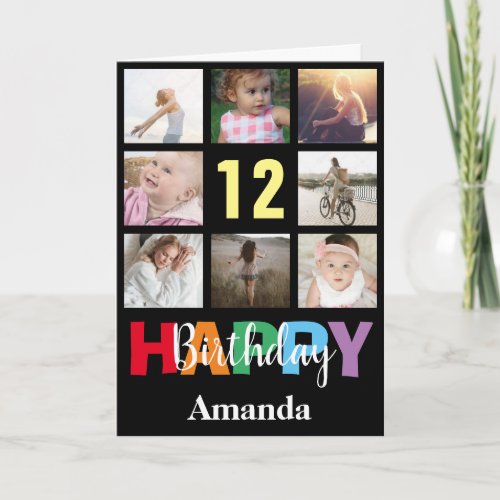 12th Happy Birthday Photo Collage Modern Black Card