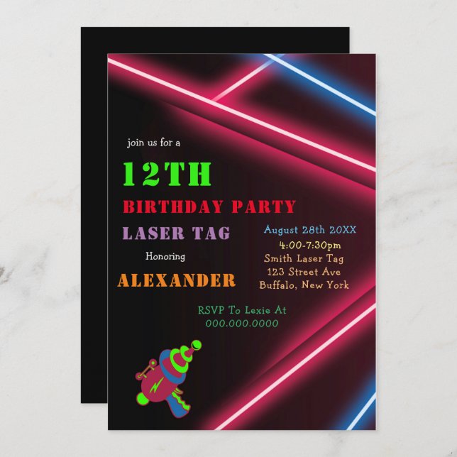 12th Neon Birthday Laser Tag Party Invitations  (Front/Back)