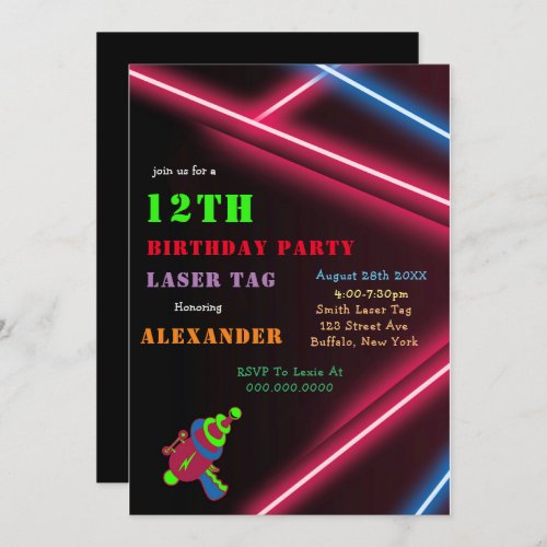 12th Neon Birthday Laser Tag Party Invitations 