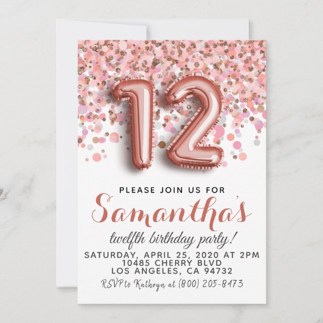 12th Rose Gold Birthday Invitation (Front)