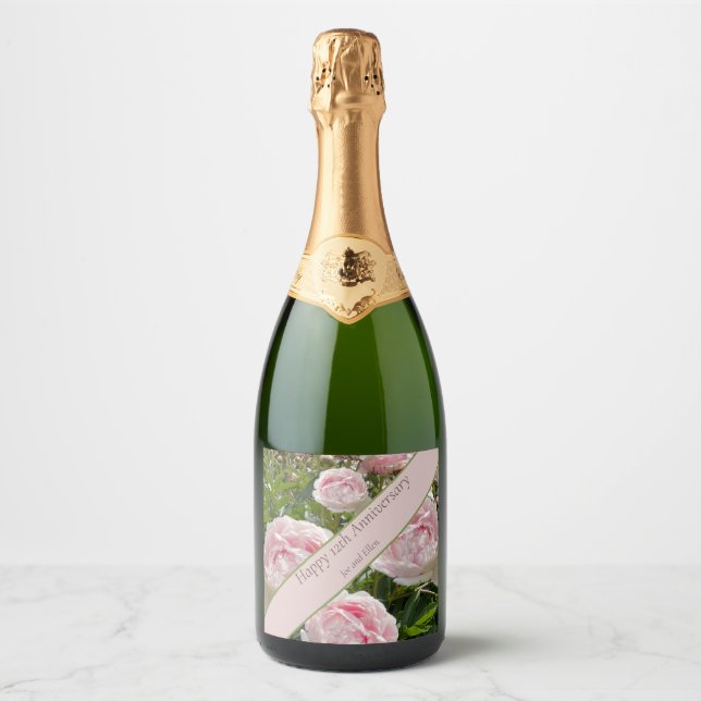 12th Wedding Anniversary, Peony flower Sparkling Wine Label (Front)