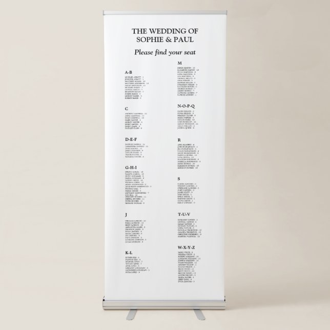 130 Guest Alphabetical Wedding Seating Chart Retractable Banner (Front)