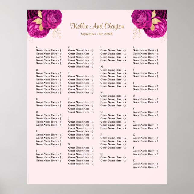 130 Pink And Gold Floral Wedding Seating Chart (Front)