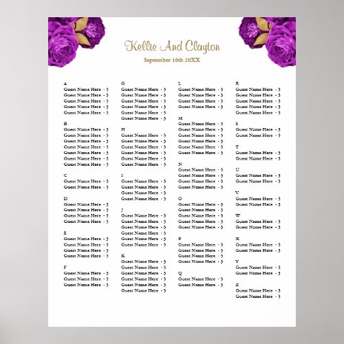130 Purple And Gold Floral Wedding Seating Chart