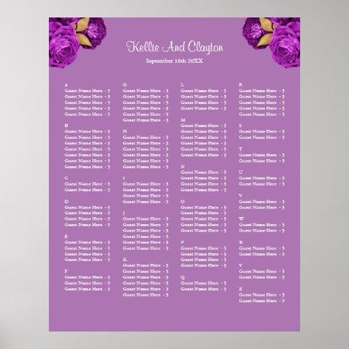 130 Purple And Gold Floral Wedding Seating Chart