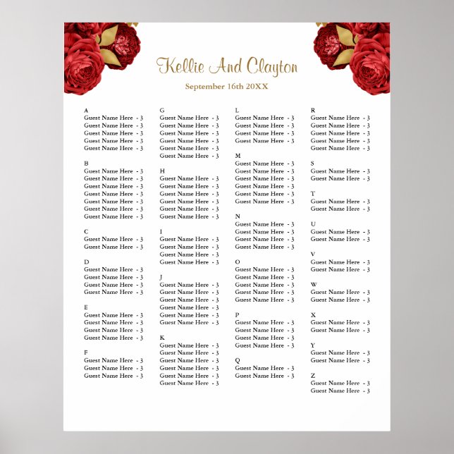 130 Red And Gold Floral Wedding Seating Chart (Front)