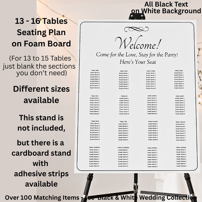 13 - 16 Tables, Guest Seating Chart, Black White Foam Board (Creator Uploaded)
