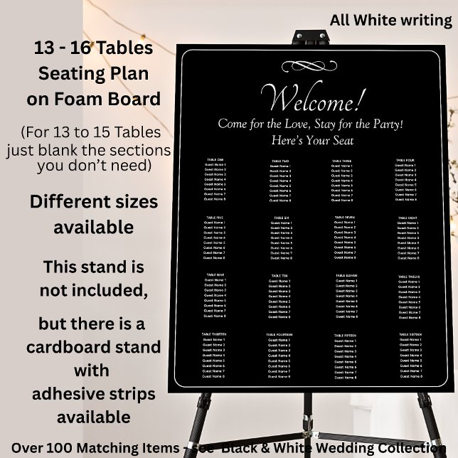 13 - 16 Tables, Guest Seating Chart, Black White Foam Board (Creator Uploaded)