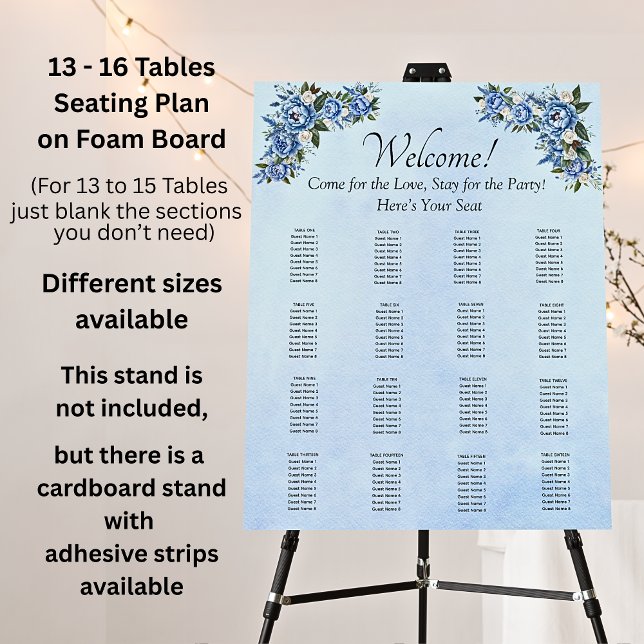 13 - 16 Tables, Guest Seating Chart, Blue Peony Foam Board (Creator Uploaded)