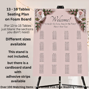 13 - 16 Tables, Guest Seating Chart, Doves & Roses Foam Board
