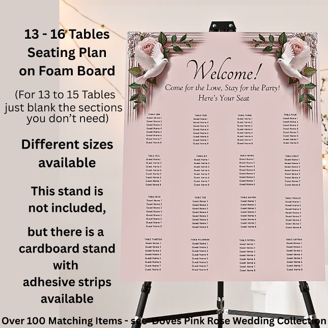 13 - 16 Tables, Guest Seating Chart, Doves & Roses Foam Board (Creator Uploaded)
