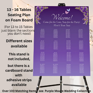 13 - 16 Tables, Guest Seating Chart, Purple Mauve Foam Board