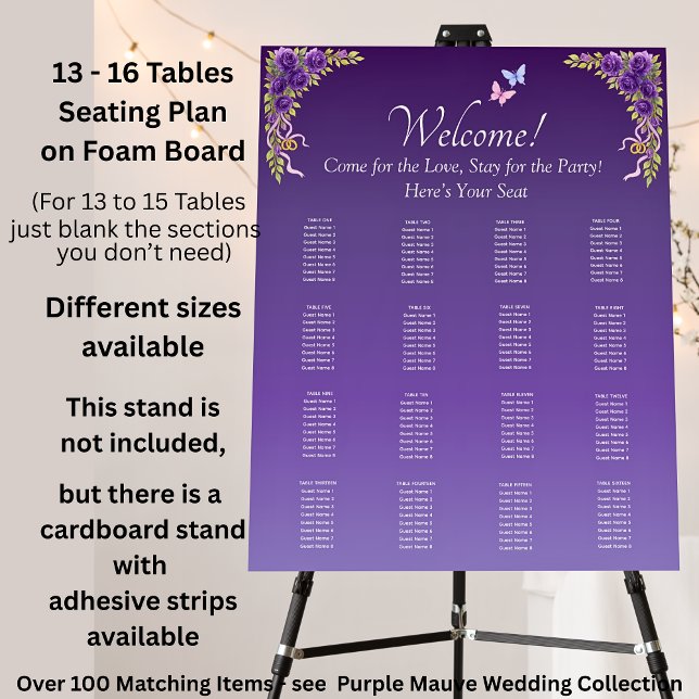 13 - 16 Tables, Guest Seating Chart, Purple Mauve  Foam Board (Creator Uploaded)