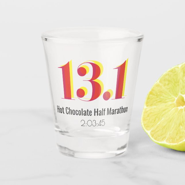 13.1 Half Marathon Running Bold Yellow Red Text Shot Glass (Front)