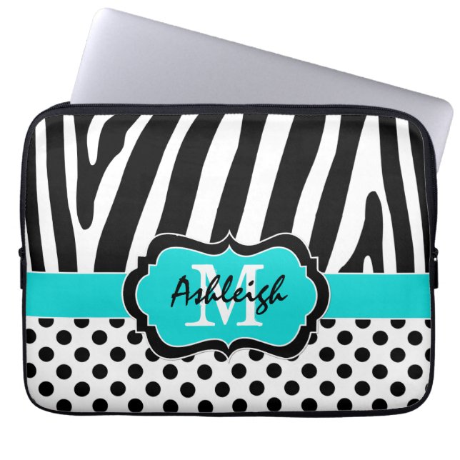 13" Aqua Black Zebra Stripes Polka Dot Laptop Case (Front)