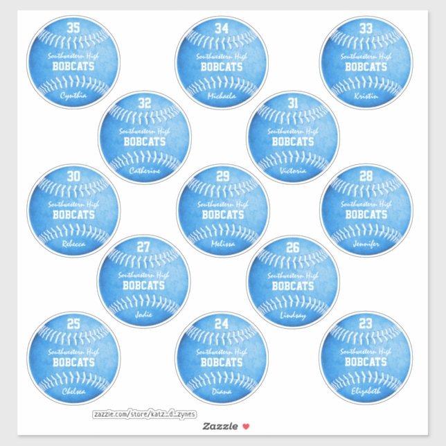 13 custom players' names blue softballs sticker (Sheet)