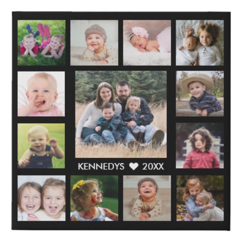 13 Family Photo Collage Create Your Own Black Faux Canvas Print