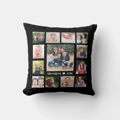 13 Family Photo Collage Create Your Own Black Throw Pillow