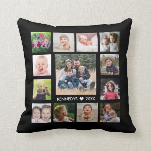 13 Family Photo Collage Create Your Own Black Throw Pillow