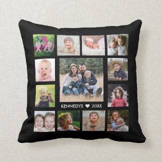 13 Family Photo Collage Create Your Own Black Throw Pillow