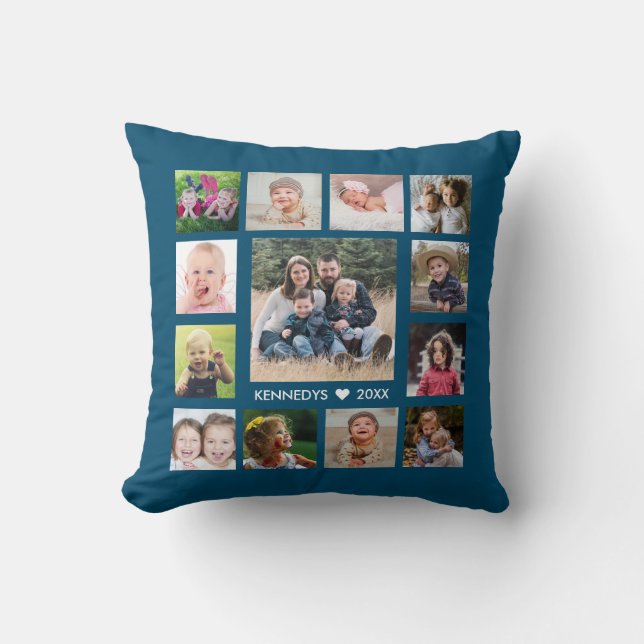 13 Family Photo Collage Create Your Own Blue Throw Pillow (Front)