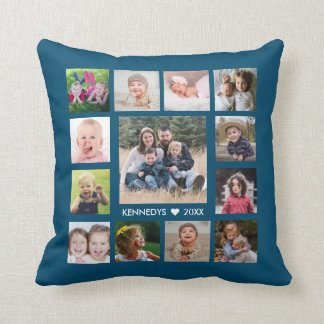 13 Family Photo Collage Create Your Own Blue Throw Pillow