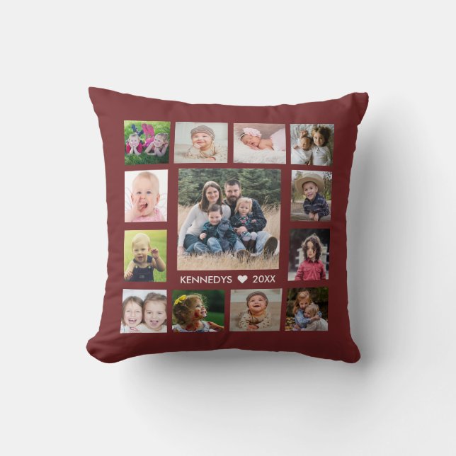 13 Family Photo Collage Create Your Own Burgundy Throw Pillow (Front)