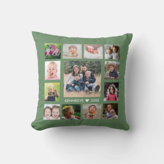 13 Family Photo Collage Create Your Own Green Throw Pillow