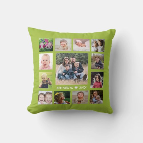 13 Family Photo Collage Create Your Own Lime Green Throw Pillow