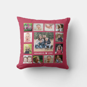 13 Family Photo Collage Create Your Own Magenta Throw Pillow