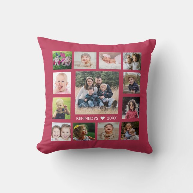 13 Family Photo Collage Create Your Own Magenta Throw Pillow (Front)
