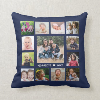 13 Family Photo Collage Create Your Own Navy Blue Throw Pillow