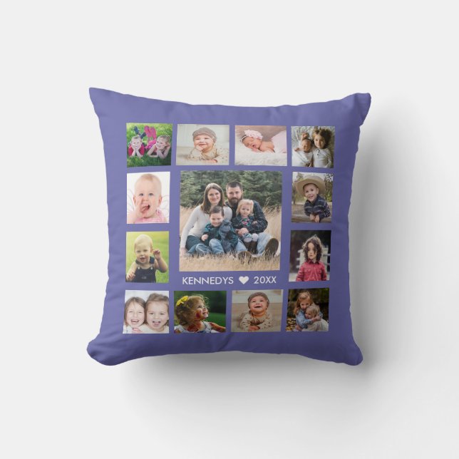 13 Family Photo Collage Create Your Own Periwinkle Throw Pillow (Front)