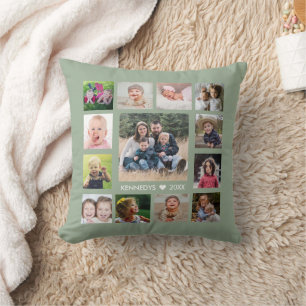 13 Family Photo Collage Create Your Own Sage Green Throw Pillow