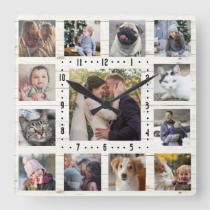 13 Family Photo Collage Rustic Farmhouse Lt Wood Square Wall Clock