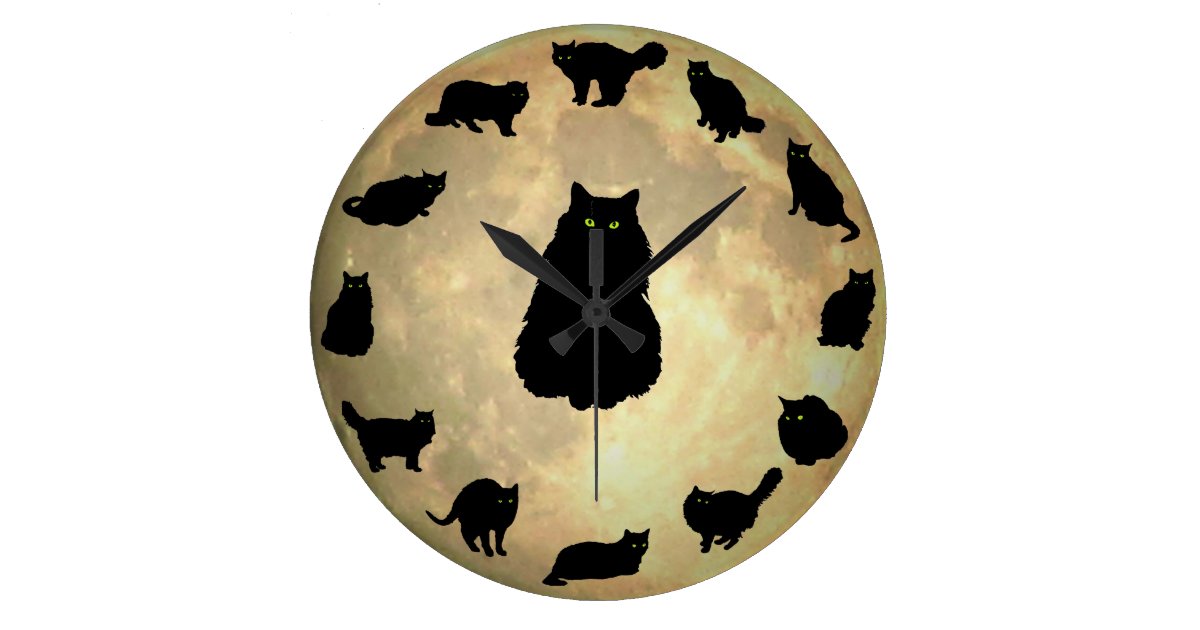 13 Lucky Cats and the Moon Large Clock | Zazzle