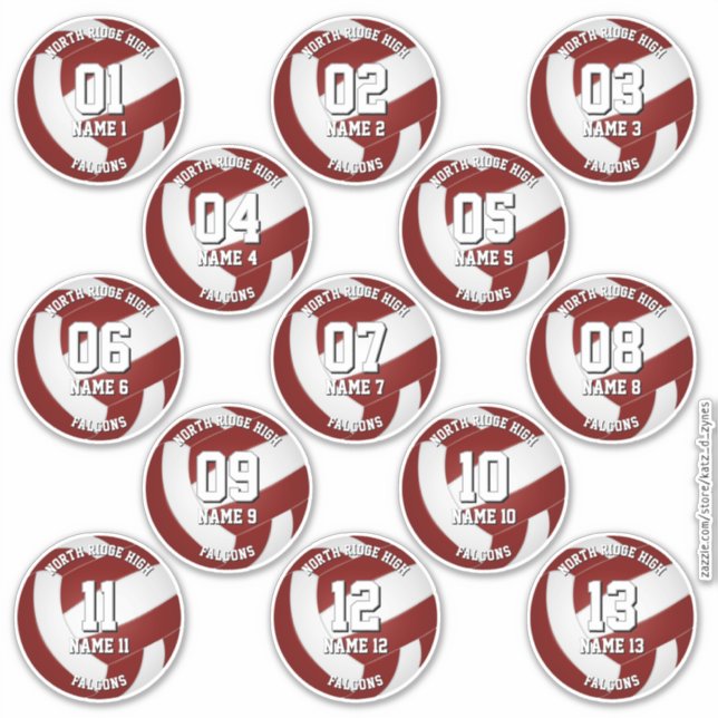 13 maroon volleyball stickers one for each athlete (Front)