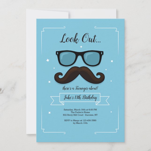 13 Mustache Birthday Party Invitation (Front)