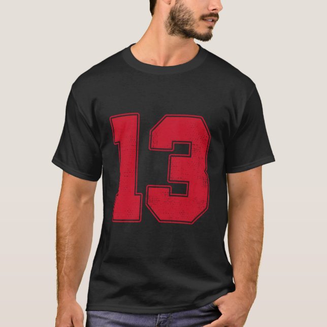 #13 Outline Number 13 Varsity Fan Sports Team Grey T-Shirt (Front)