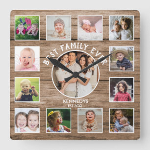 13 Photo Collage Best Family Ever Farmhouse Wood Square Wall Clock